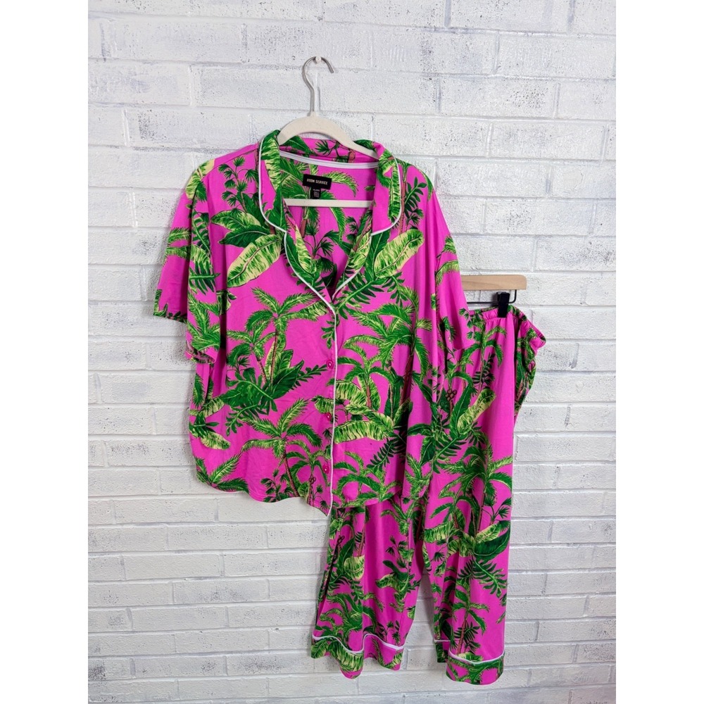 Room Service Buttery Soft Crop Pajama Set Womens XXL Pink Topical Palm Stretch